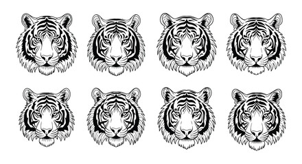 Obraz premium A collection of nine black and white tiger head illustrations