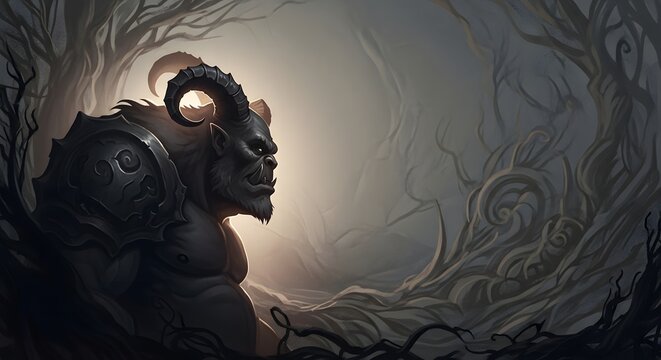 Mysterious Minotaur in a Dark Fantasy Landscape.