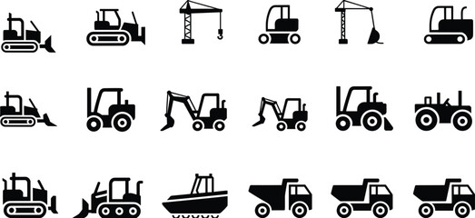 Construction machinery icon set featuring excavator bulldozer crane forklift tractor dump truck and heavy equipment silhouettes vector illustration collection © Hey world