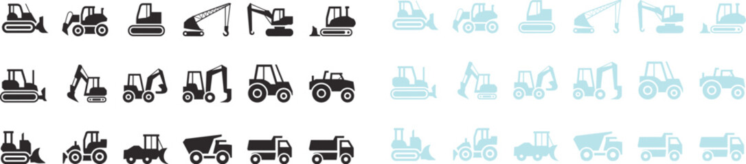 Construction machinery icon collection with excavator bulldozer crane forklift tractor dump truck silhouettes in black and blue vector setConstruction machinery icon collection with excavator  © Hey world