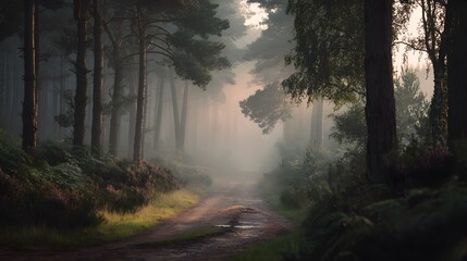Obraz premium A misty forest path surrounded by tall trees and lush greenery