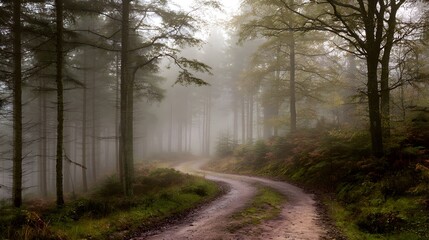 Fototapeta premium A winding dirt path through a misty forest with tall trees