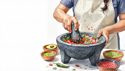 Mexican cook preparing salsas with mortar. Isolated on white background.