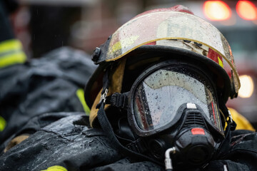 Fototapeta premium Firefighter helmet close up with reflections, emergency service and protection concept .generative AI