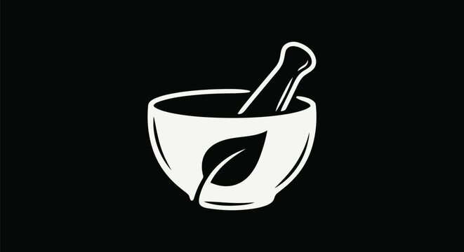 Mortar and Pestle Negative Space Leaf &ndash; Off-White Minimal Line Art Vector on Black Background Poster