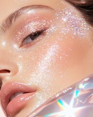 Fototapeta premium Glamorous Woman with Blue Eyes and Holographic Glitter Makeup on Pink Background