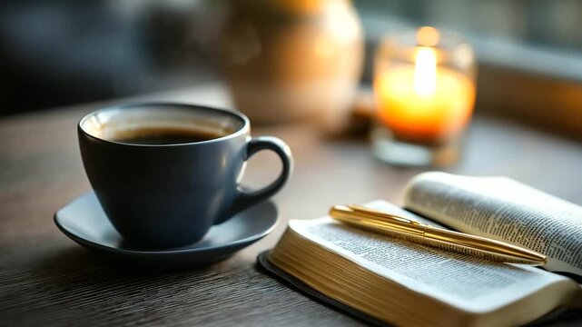 Serene scene with coffee dates open journal and golden pen, spiritual reflection moment, contemplative writing setting, religious meditation space, peaceful study arrangement,