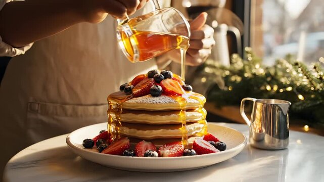 Person pours syrup on pancakes with berries for breakfast. Pancake stack topped with strawberry and blueberry. Syrup drips on pancakes with berries. Breakfast pancake served with fresh berries.