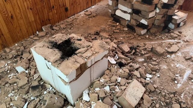 Dismantling an old heating stove. Taking apart the chimney.