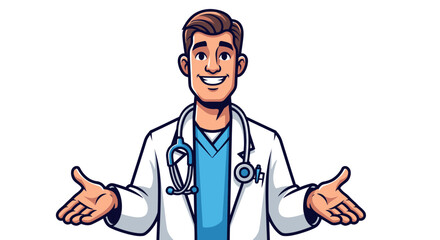 Fototapeta premium Smiling doctor with open arms in white coat and stethoscope