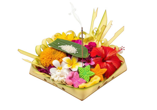 Balinese canang sari offering with colorful flowers and incense isolated on transparent background