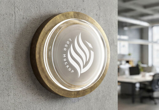 Logo in Glowing Gold and Glass Frame on Office Wall Mockup
