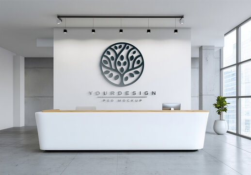 Logo On White Reception Room Desk Company Wall Mockup