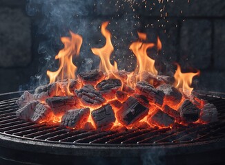 Sizzling meats cooking over an open flame on a grill pan