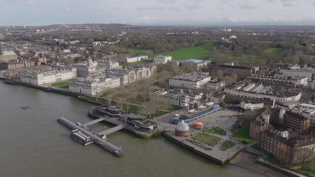 Aerial view of Greenwich in London, with the Old Royal Naval College, Cutty Sark and the Royal Observatory Greenwich