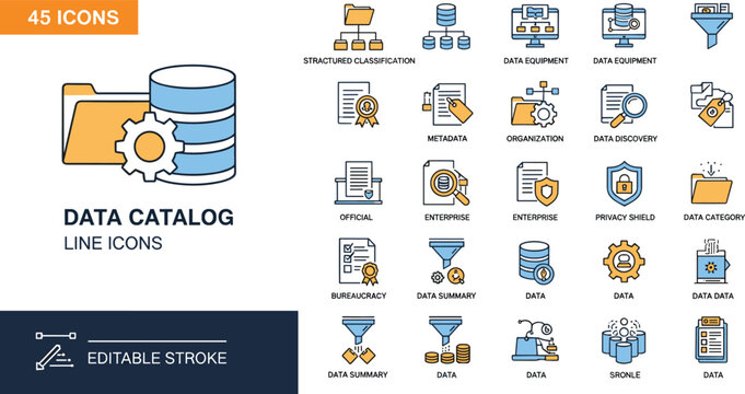 Set of 45 editable color data catalog line icons for structured classification metadata organization and information governance