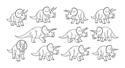 A collection of triceratops dinosaurs in a simple line art style © Begum