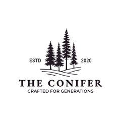 A forest of pine, evergreen fir, hemlock, spruce, conifer, cedar, coniferous cypress, larch, and pine tree. Vintage, retro, hipster, line art, logo design. © AzsPhoto19