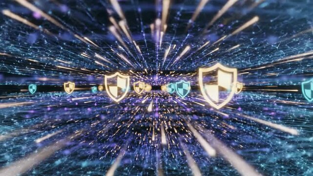 A futuristic network of glowing blue connections and nodes forms a circular structure on a dark background with lines and dots extending outward in 53.