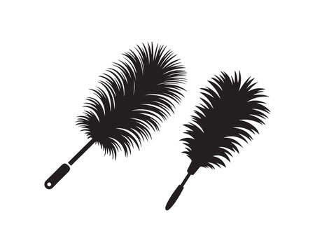 Two black silhouette of feather dusters, one larger and one smaller, with distinct handle shapes, representing cleaning tools