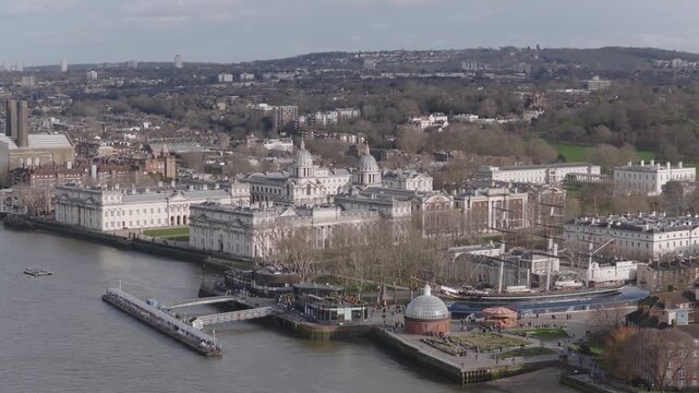 Aerial view of Greenwich in London, with the Old Royal Naval College and Cutty Sark