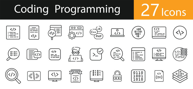 Coding and Programming Outline Icons &ndash; Developer and IT Technology Vector Collection