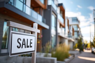 Obraz premium A sale sign stands in front of modern residential buildings