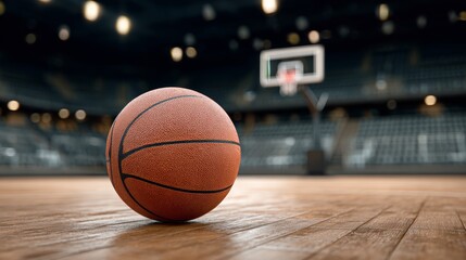 Fototapeta premium Basketball resting on wooden court floor in an indoor sports arena with blurred seating and basketball hoop in the background