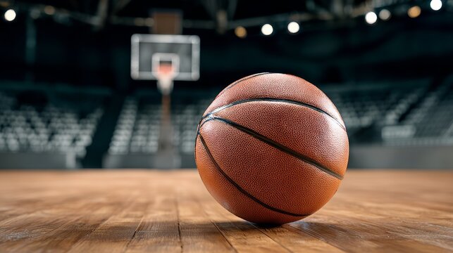 Basketball resting on wooden court floor in an indoor arena with blurred background of empty bleachers and basketball hoop visible in the distance