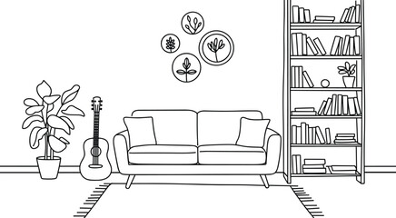 Minimalist living room interior line art with cozy sofa acoustic guitar bookshelf potted plants and wall decor vector illustration sketch © Ponkaj Creatives