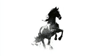 Naklejka premium Dark equine silhouette rears powerfully against a stark white background with expressive artistic texture