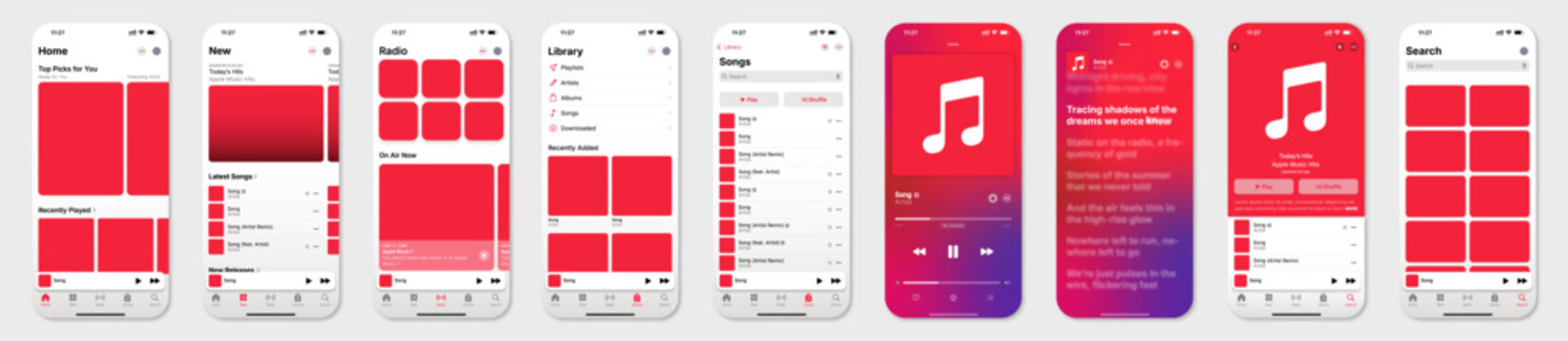 Mockup of the Apple Music mobile application interface displayed on smartphone screens in both light modes.