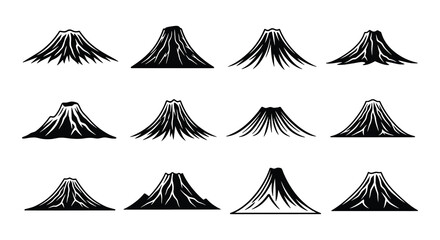 Stylized depictions of erupting volcanoes in a black and white design