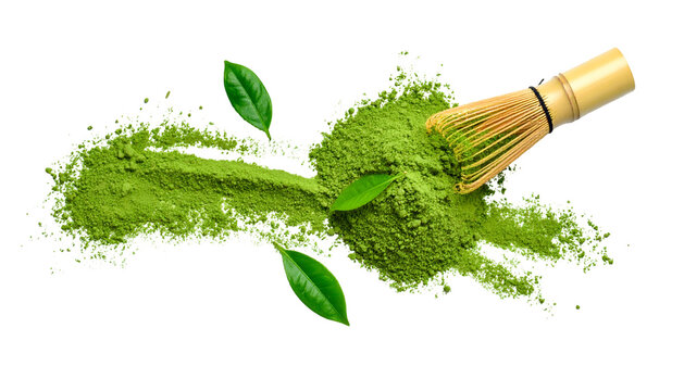 Vivid overhead shot of matcha powder, whisk, and leaves against a black background