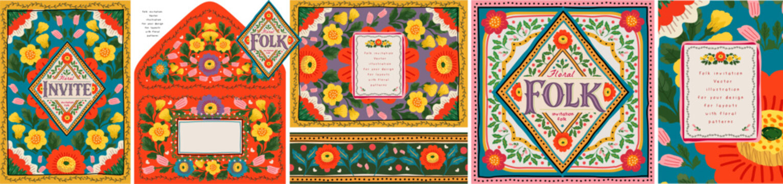 Floral folk invitation. Vector traditional decorative flowers and plant, ornament, pattern, frame, seamless border, envelope for greeting card, event template, wedding invite, flyer or background