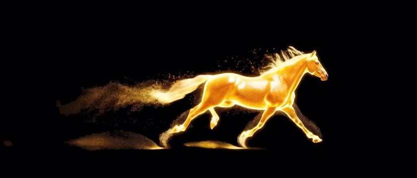 A majestic golden horse galloping in a seamless loop. The animation features glowing particles and energy trails, creating a powerful and cinematic effect.