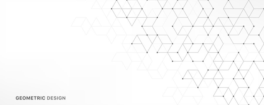 Abstract geometric 3D cube structure with connected lines and dots on white background. Concept of digital technology, blockchain, data visualization, architecture, innovation and modern design