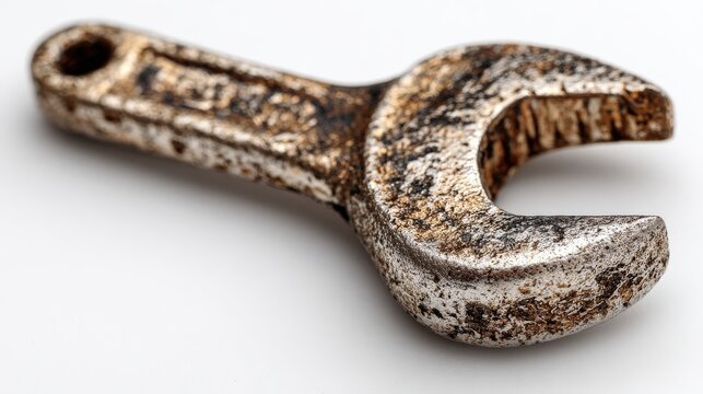 Heavily weathered and corroded metal open end wrench rests on a white background