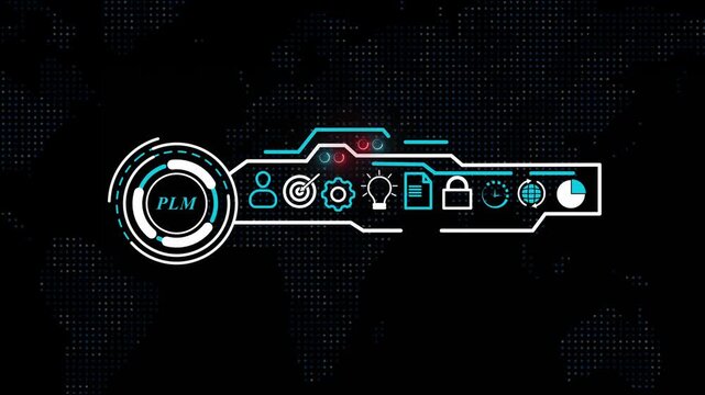 Product Lifecycle Management interface animation. PLM system circle hud, business icon, world map.