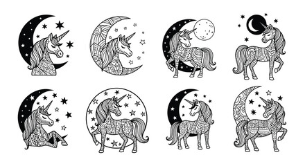Obraz premium Intricate black and white illustrations of unicorns with lunar motifs