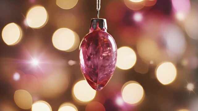 Pink Heart Ornament with Bokeh Background - A delicate pink heart-shaped ornament hangs by a silver string. The background is a soft, blurred bokeh of lights, creating a warm and festive atmosphere.