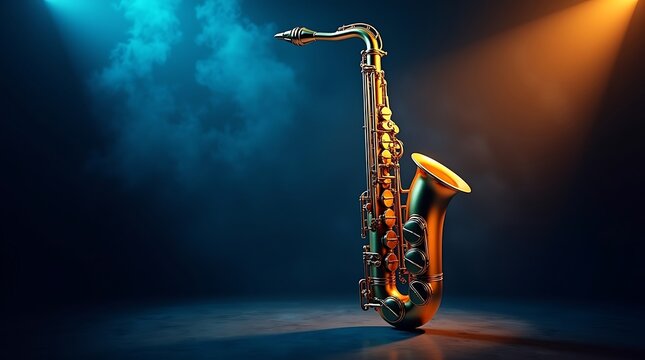 A golden saxophone stands elegantly on a stage with vibrant blue and orange lighting.