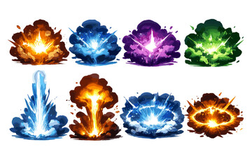 Obraz premium Eight digital illustrations of colorful explosions and energy bursts featuring fire, ice, and magic themes. The set includes mushroom clouds and beams on a dark background.