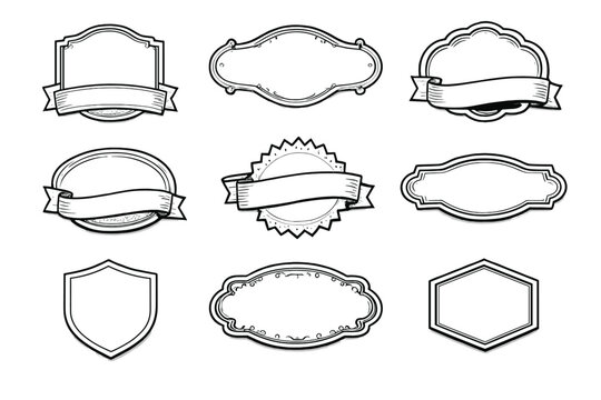 A collection of nine hand drawn vintage labels and frames in black and white. These blank decorative elements include ribbons, shields, and ornate borders on a dark background.
