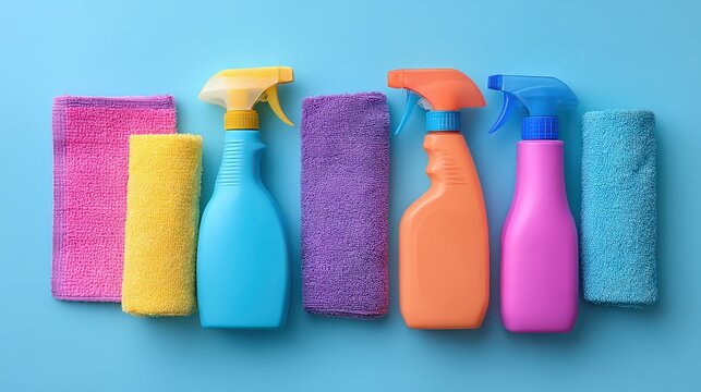 Assortment of brightly colored household cleaning supplies and microfiber cloths arranged on a light blue background