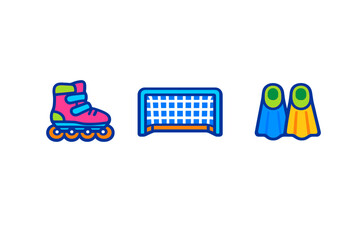 A collection of three colorful sports equipment icons including a pink rollerblade, a blue soccer goal, and a pair of swim fins, all set against a solid black background. © Mark
