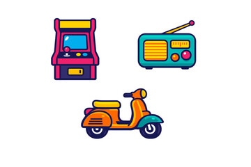 Naklejka premium A collection of three retro-themed icons featuring a classic arcade game machine, a vintage transistor radio with an antenna, and a stylish orange motor scooter on a black background.