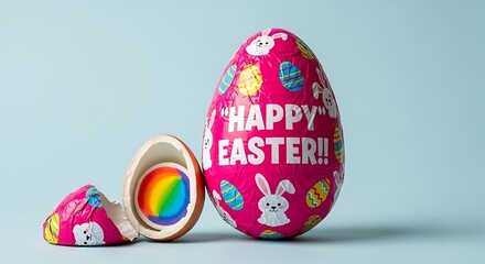A colorful Easter egg, half-opened, reveals a toy inside, against a light blue backdrop