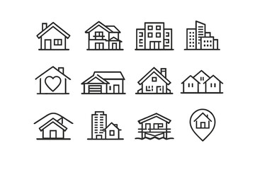 Fototapeta premium A collection of twelve minimalist black and white line icons representing various real estate and housing concepts, including houses, apartments, and location markers on a white background.