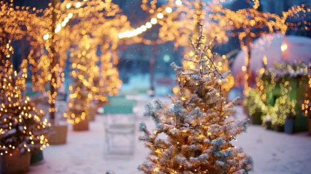 Snow covered Christmas trees decorated with warm string lights outdoors
